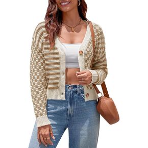 Saodimallsu Womens Checkered Cardigan Sweaters Striped Cropped Button Fall Trendy Open Front Knit Sweater Coats in Saudi Arabia