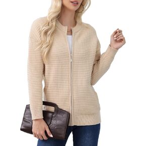 Genhoo Zipper Cardigan Sweaters for Women Open Front Chunky Knit Jacket Crew Neck Sweater Coat with Pockets