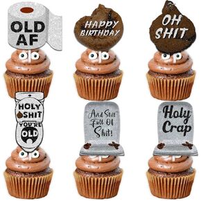 18pcs Glitter Poop Fly Toilet Dessert Cupcake Topper Pick for Funny You’re Old Theme Decor Supplies Men Women Happy Birthday Party Decoration