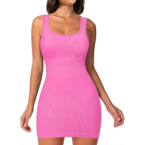 TrainingGirl Women's Mini Dresses Ribbed Bodycon Sleeveless Tummy Control Shapewear Slips Square Neck Tank Tops Short Skirts