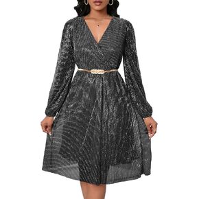 Women's Long Lantern Sleeve Glitter Dress V Neck Mesh Party Dress Belted Dress for Women