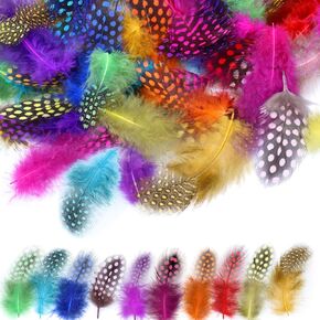 120pcs Colorful Spotted Feathers for Crafts, MWOOT (2-5.1 inches) Natural Chicken Feather for DIY Clothing Jewelry Wedding Birthday Party Cards Decoration