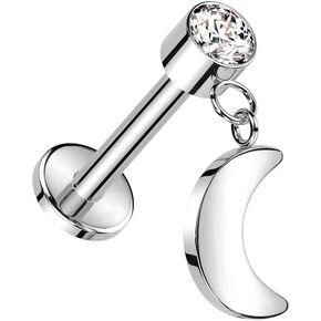 Pierced Owl 16GA ASTM F-136 Implant Grade Titanium Threadless Push-In CZ Crystal with Dangling Crescent Moon Flat Back Stud