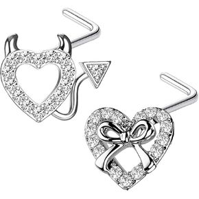 20G 2PCS Nose Ring Studs 316L Heart Nose Rings Nose Studs Heart Nose Stud Surgical Steel CZ L-Shaped Piercing Jewelry