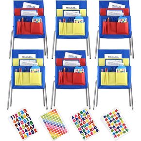 PLULON 6PCS Chairback Buddy Pocket Chart Seatback Stuff Storage Organizer with Name Tag Slot Chair Pockets for Classroom, 40 Sheets Stickers Star Heart Number Stickers for Kids
