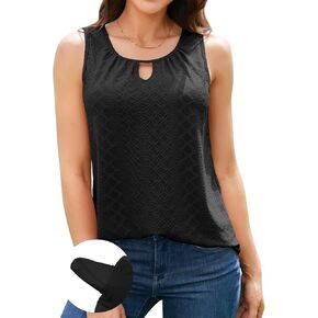 V FOR CITY Women Tank Tops with Built in Bras Flowy Eyelet Embroidery Sleeveless Top Pleated Scoop Neck Work Cami Shirts