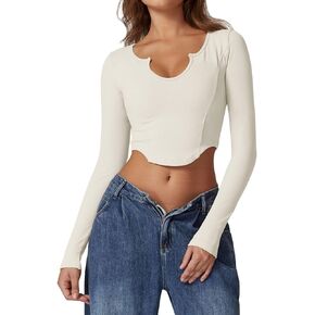 QINSEN Women's Sexy Notch Micro Neck Seamless Long Sleeve T Shirts Slim Fit Trendy Crop Tops