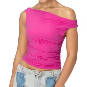 Sunzel Women's Off Shoulder Sleeveless Crop Top, Y2K Trendy Going Out Tank Shirt, Asymmetrical Neckline & Ruched Detail