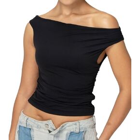 Sunzel Women's Off Shoulder Sleeveless Crop Top, Y2K Trendy Going Out Tank Shirt, Asymmetrical Neckline & Ruched Detail