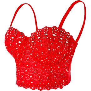 ELLACCI Women's Natural Reigning Lace Rhinestone Bustier Crop Top Sexy Mesh Corset Top Bra Red