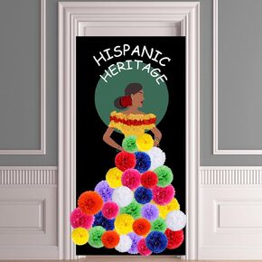 34 Pcs Hispanic Heritage Month Door Cover with Paper Flowers Latin American Banner Spanish Classroom Decorations for National Hispanic Classroom School Party Supplies