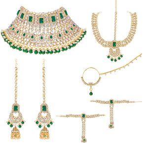 Aheli Indian Traditional Bridal Choker Necklace Matha Patti Nose Ring Haath Phool Earrings Bollywood Jewelry Gift for Women