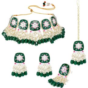 Aheli Gold Plated Green Beads Studded Ethnic Choker Necklace Dangle Earrings Maangtikka & Finger Ring Set Traditional Fancy Jewellery Gift for Women