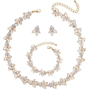 Bridal Wedding Crystal Leaf Choker Necklace Dangle Earring Bracelet Brides Bridesmaid Jewelry Set for Women