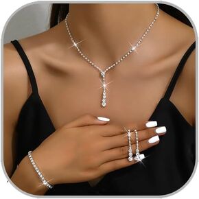Prom Jewelry Set Silver Necklaces Bracelet Earrings for Women Crystal Rhinestone Prom Wedding Jewelry Set Bridal Bridesmaid Prom Costume Accessories for Women