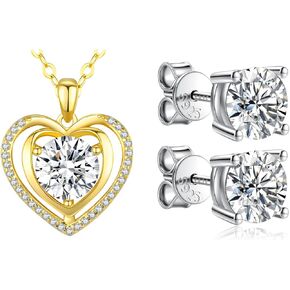 Diamond Gold Heart Pendant Necklace (3.0 Carat) Moissanite Stud Earrings 3.0 CTW (1.5 Ct Each) Jewelry Gift Set