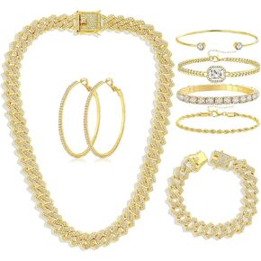 Hip Hop Cuban chain full Diamond necklace Rhinestone bracelet bracelet Gold and Silver women's Jewelry Women's earrings bracelet sets