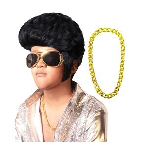 Boys Men Costume Wigs sets Disco Wig Singer Rocker Dress Up Adult Kids for Halloween Party-Wig Glasses Chain Mustache sets