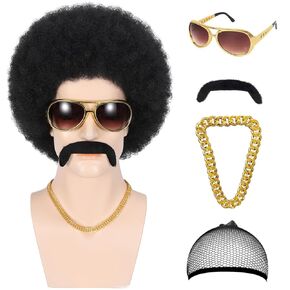 Afro Wig Men, 5pcs Set (Wig+ Glasses+ Necklace+ Mustache+ Wig Cap) 70s Disco Costume Wigs for Men Short Black Curly Mens Wigs Fluffy Synthetic Funny Wig for Halloween Chrismas Cosplay Party