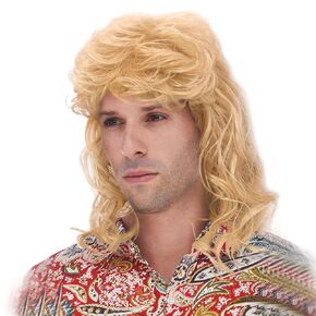 Mens Mid Length Curly 613 Blonde Wigs Disco Mullet Wigs for Man Male Hippie 60s 70s Them Party Cosplay Costume Anime Men Wig