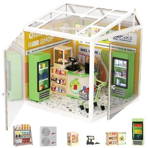 Fistone DIY Miniature Doll House Kit, Plastic House Building Set with LED Light, Tiny House Crafts Suitable for Mini Figures Construction Toys Diorama Kit Gifts for Teens Adult (Convenience Store)