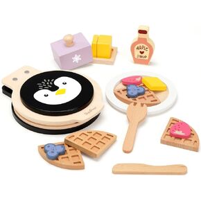PairPear Wooden Waffle Maker Toy Food Playset, Kids Pretend Play Food Kitchen Accessories, Wooden Cooking Toy Baking Playset, Toddler Play Breakfast Brunch Tea Sets Cutting Food Gift for Girls Boys 3+