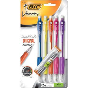 BIC Velocity Strong Lead Mechanical Pencil, Medium Point (0.7mm), Smooth Dark Writing, 5-Count