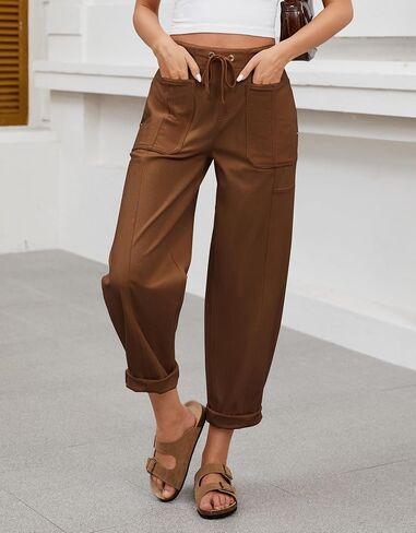 Ladyful Womens Corduroy Barrel Pant Mid Rise Boyfriend Corduroy Trouser Elastic Waist Comfy Work Trouser Bottoms in Saudi Arabia