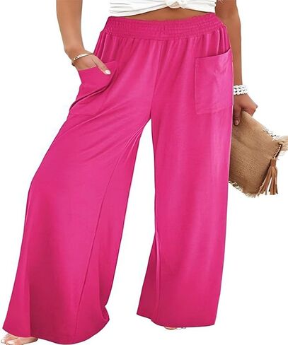 sandbank Women's High Waist Wide Leg Pants Casual Loose Fitted Palazzo Trousers Flowy Elastic Waist Pants with Pockets in Saudi Arabia