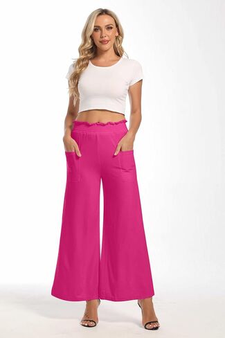 sandbank Women's High Waist Wide Leg Pants Casual Loose Fitted Palazzo Trousers Flowy Elastic Waist Pants with Pockets in Saudi Arabia