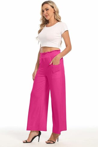 sandbank Women's High Waist Wide Leg Pants Casual Loose Fitted Palazzo Trousers Flowy Elastic Waist Pants with Pockets in Saudi Arabia