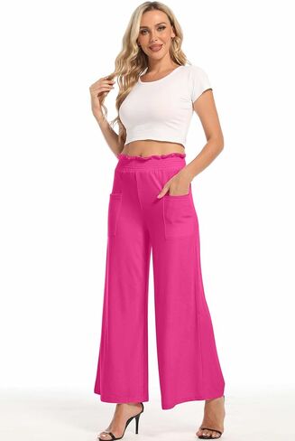 sandbank Women's High Waist Wide Leg Pants Casual Loose Fitted Palazzo Trousers Flowy Elastic Waist Pants with Pockets in Saudi Arabia