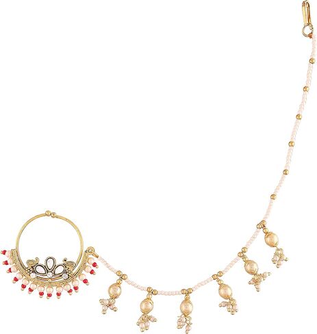 I Jewels 18k Gold Plated Indian Wedding Bollywood Ethnic Bridal Nose Ring/Nath Without Piercing with Pearl Chain Encased with Pearl Stone for Women/Girls (NL40) in Saudi Arabia