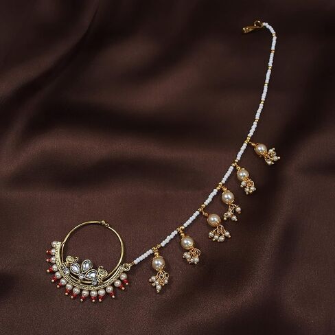 I Jewels 18k Gold Plated Indian Wedding Bollywood Ethnic Bridal Nose Ring/Nath Without Piercing with Pearl Chain Encased with Pearl Stone for Women/Girls (NL40) in Saudi Arabia