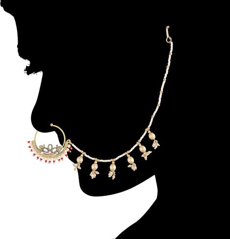I Jewels 18k Gold Plated Indian Wedding Bollywood Ethnic Bridal Nose Ring/Nath Without Piercing with Pearl Chain Encased with Pearl Stone for Women/Girls (NL40) in Saudi Arabia