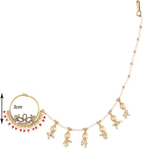 I Jewels خاتم أنف زفاف هندي مطلي بالذهب عيار 18 قيراط من بوليوود عرقي / ناث بدون ثقب مع سلسلة لؤلؤ مغطاة بحجر اللؤلؤ للنساء/الفتيات (NL40) in Kuwait