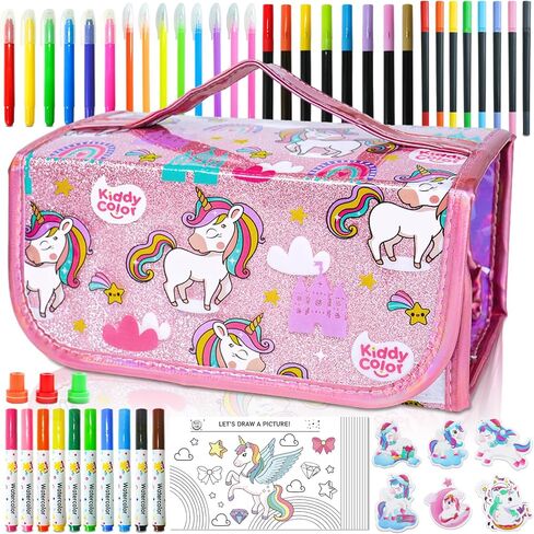 مجموعة أقلام التحديد القابلة للغسل من KIDDYCOLOR Unicorn مكونة من 69 قطعة مع علبة أقلام لامعة - مجموعة تلوين للفنون والحرف اليدوية للأطفال من سن 4 إلى 8 سنوات، تتضمن ملصقات يونيكورن - هدايا مثالية للفتيات in Kuwait