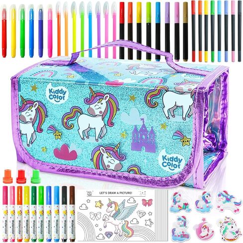 KIDDYCOLOR Unicorn Washable Markers Set 69 pcs with Glitter Pencil Case - Arts and Crafts Coloring Kit for Kids Ages 4-8, Includes Unicorn Stickers - Perfect Gifts for Girls in Saudi Arabia
