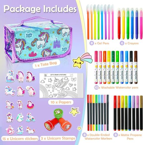 KIDDYCOLOR Unicorn Washable Markers Set 69 pcs with Glitter Pencil Case - Arts and Crafts Coloring Kit for Kids Ages 4-8, Includes Unicorn Stickers - Perfect Gifts for Girls in Saudi Arabia