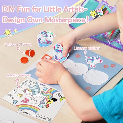 KIDDYCOLOR Unicorn Washable Markers Set 69 pcs with Glitter Pencil Case - Arts and Crafts Coloring Kit for Kids Ages 4-8, Includes Unicorn Stickers - Perfect Gifts for Girls in Saudi Arabia