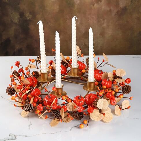 12 inch Fall Candle Wrath Thanksgiving Day Candle 4 Candles Holder with Maple Leaves Pumpkins Wreath Mini Artificial Maple Leaves Candle Wreath for Fall Home Table Decoration Centerpiece in Saudi Arabia