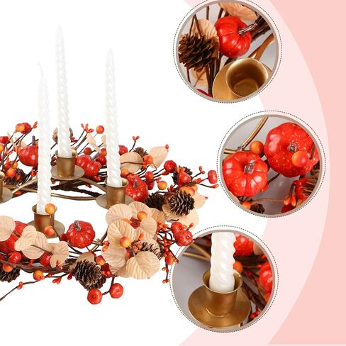 12 inch Fall Candle Wrath Thanksgiving Day Candle 4 Candles Holder with Maple Leaves Pumpkins Wreath Mini Artificial Maple Leaves Candle Wreath for Fall Home Table Decoration Centerpiece in Saudi Arabia