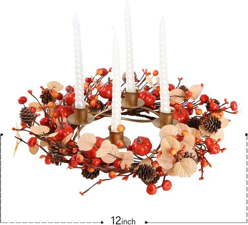 12 inch Fall Candle Wrath Thanksgiving Day Candle 4 Candles Holder with Maple Leaves Pumpkins Wreath Mini Artificial Maple Leaves Candle Wreath for Fall Home Table Decoration Centerpiece in Saudi Arabia