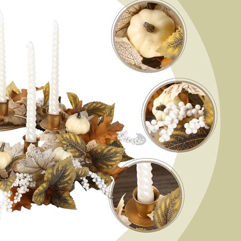 12 inch Fall Candle Wrath Thanksgiving Day Candle 4 Candles Holder with Maple Leaves Pumpkins Wreath Mini Artificial Maple Leaves Candle Wreath for Fall Home Table Decoration Centerpiece in Saudi Arabia