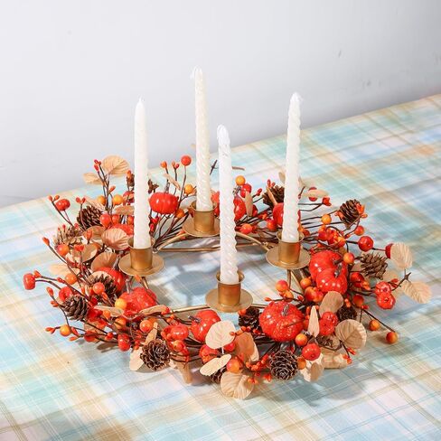 12 inch Fall Candle Wrath Thanksgiving Day Candle 4 Candles Holder with Maple Leaves Pumpkins Wreath Mini Artificial Maple Leaves Candle Wreath for Fall Home Table Decoration Centerpiece in Saudi Arabia