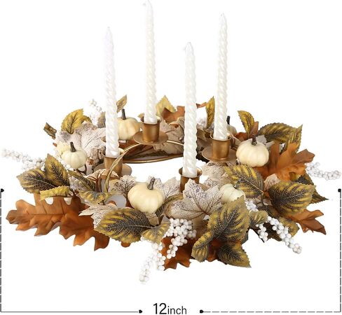 12 inch Fall Candle Wrath Thanksgiving Day Candle 4 Candles Holder with Maple Leaves Pumpkins Wreath Mini Artificial Maple Leaves Candle Wreath for Fall Home Table Decoration Centerpiece in Saudi Arabia