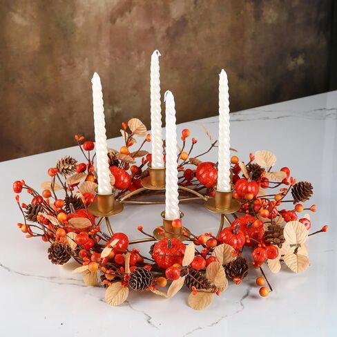 12 inch Fall Candle Wrath Thanksgiving Day Candle 4 Candles Holder with Maple Leaves Pumpkins Wreath Mini Artificial Maple Leaves Candle Wreath for Fall Home Table Decoration Centerpiece in Saudi Arabia