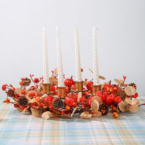 12 inch Fall Candle Wrath Thanksgiving Day Candle 4 Candles Holder with Maple Leaves Pumpkins Wreath Mini Artificial Maple Leaves Candle Wreath for Fall Home Table Decoration Centerpiece in Saudi Arabia