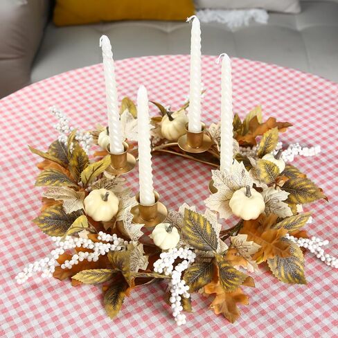 12 inch Fall Candle Wrath Thanksgiving Day Candle 4 Candles Holder with Maple Leaves Pumpkins Wreath Mini Artificial Maple Leaves Candle Wreath for Fall Home Table Decoration Centerpiece in Saudi Arabia