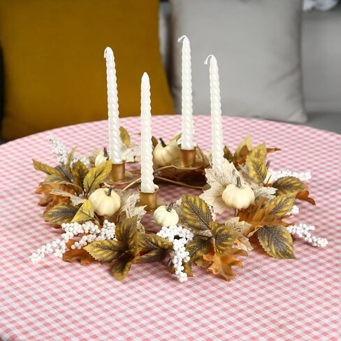 12 inch Fall Candle Wrath Thanksgiving Day Candle 4 Candles Holder with Maple Leaves Pumpkins Wreath Mini Artificial Maple Leaves Candle Wreath for Fall Home Table Decoration Centerpiece in Saudi Arabia